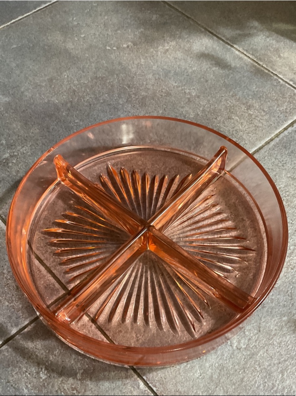 Vintage Pink/Peach Glass Divided Serving Dish with Brass Carrier - Picture 3 of 7
